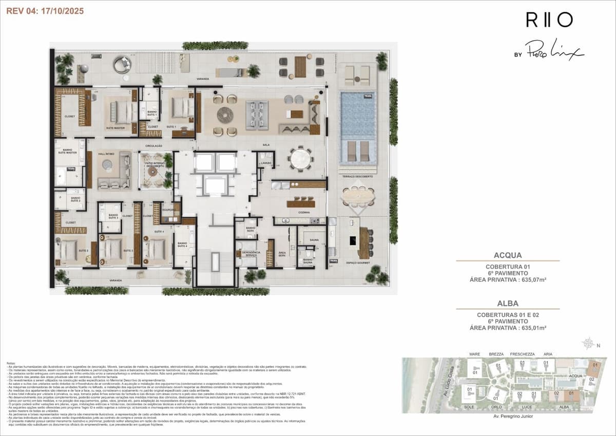 Planta — ACQUA · ALBA — Coberturas Premium, Cobertura 01 · 6º Pavimento, área privativa 635 m²
