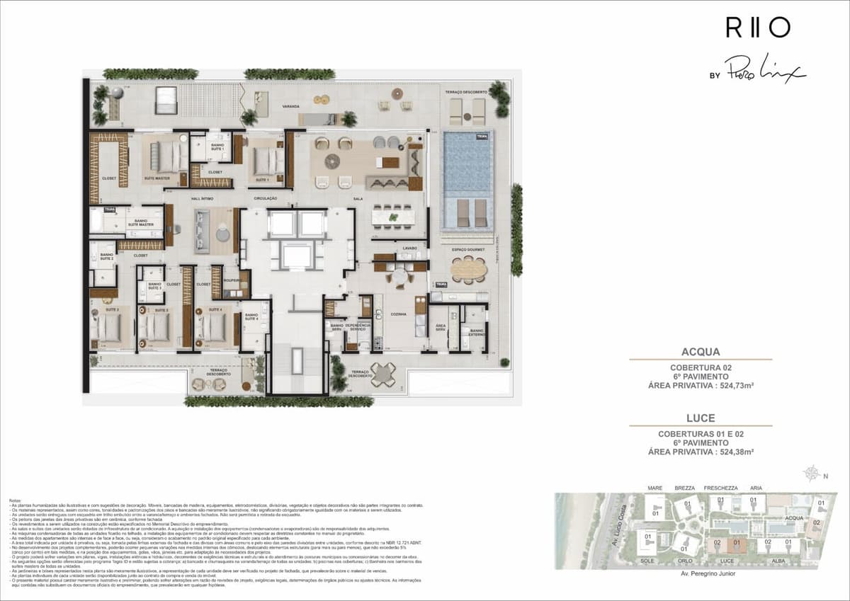 Planta — ACQUA · LUCE — Coberturas, 6º Pavimento, área privativa 524 m²