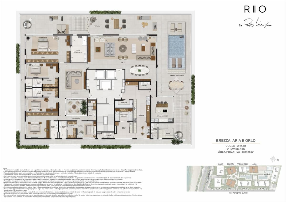 Planta — BREZZA · ARIA · ORLO — Cobertura, Cobertura 01 · 6º Pavimento, área privativa 830,25 m²