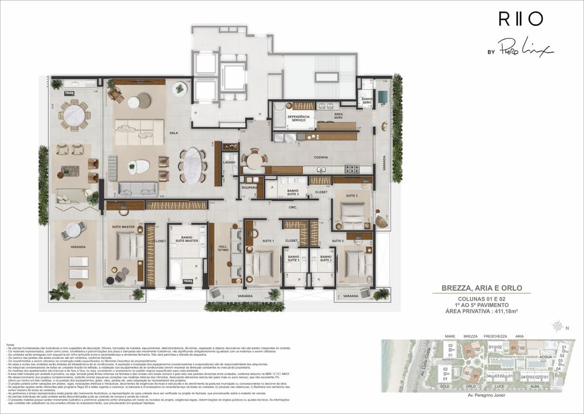 Planta — BREZZA · ARIA · ORLO — Andares Tipo, Colunas 01 e 02 · 1º ao 5º Pavimento, área privativa 411,18 m²