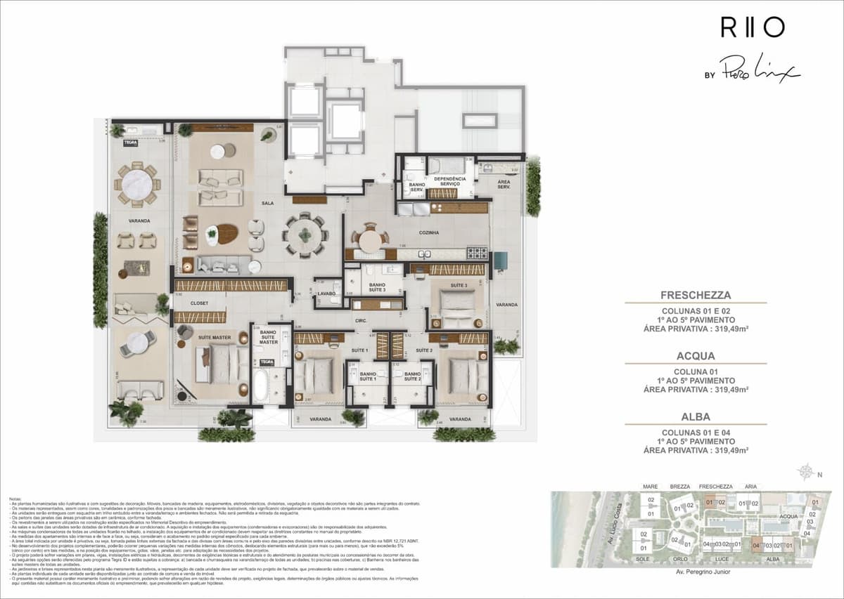 Planta — FRESCHEZZA · ACQUA · ALBA — Andares Tipo, Colunas 01 e 02 · 1º ao 5º Pavimento, área privativa 319,49 m²