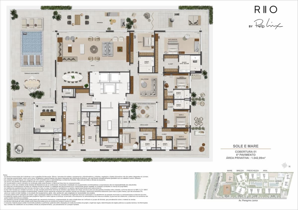 Planta — SOLE E MARE — Cobertura, Cobertura 01 · 6º Pavimento, área privativa 1.042,09 m²