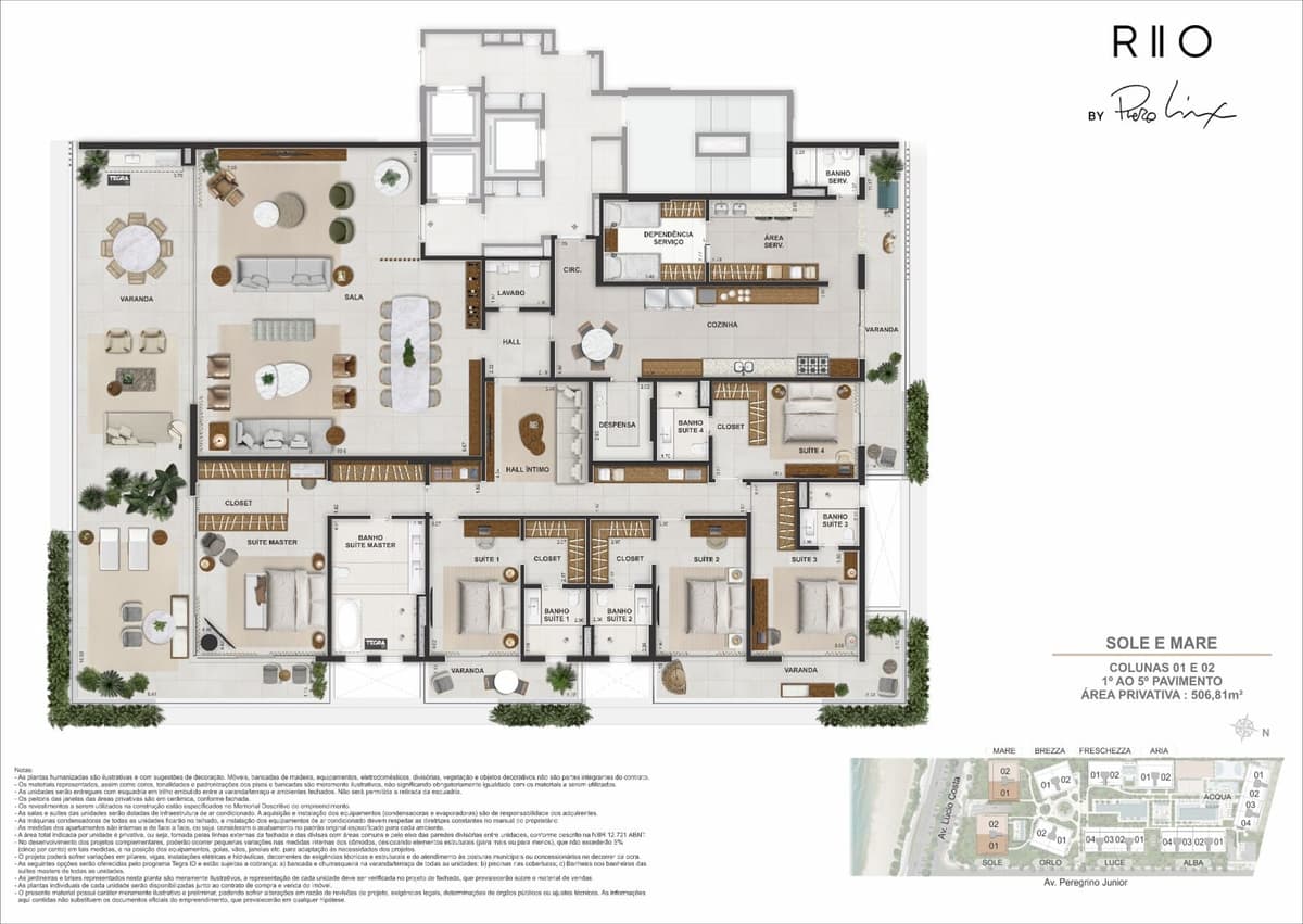 Planta — SOLE E MARE — Andares Tipo, Colunas 01 e 02 · 1º ao 5º Pavimento, área privativa 506,81 m²