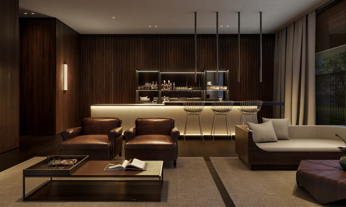 Whisky Bar com poltronas de couro e balcão iluminado